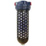 a metal cylinder with holes in it and a black cap on a white background .