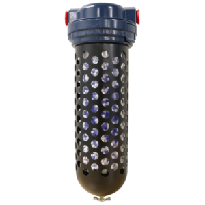 a metal cylinder with holes in it and a black cap on a white background .