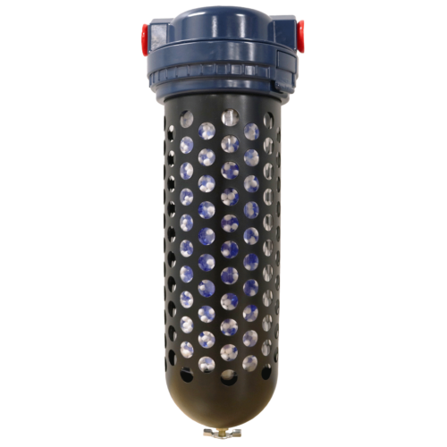 a metal cylinder with holes in it and a black cap on a white background .