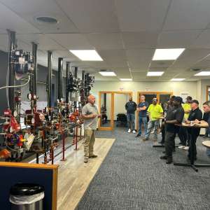 far shot of Bryan Berkley from Viking giving a demonstration of VIking valves at the General Air Products Training Facility 